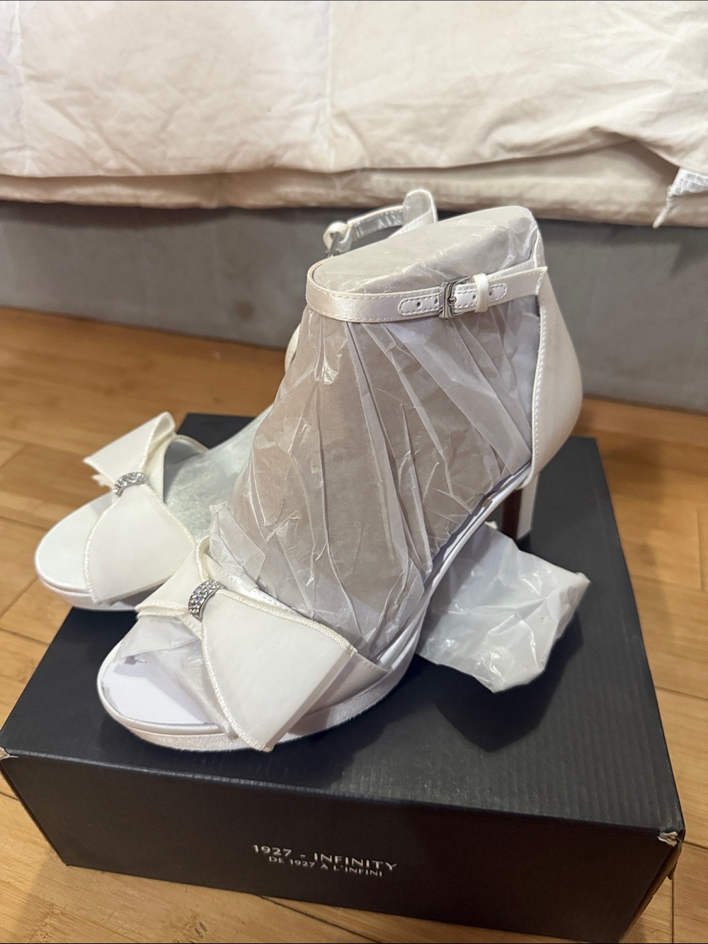 Ivory Peep-Toe Ankle-Strap Heels with Bow Accent wedding